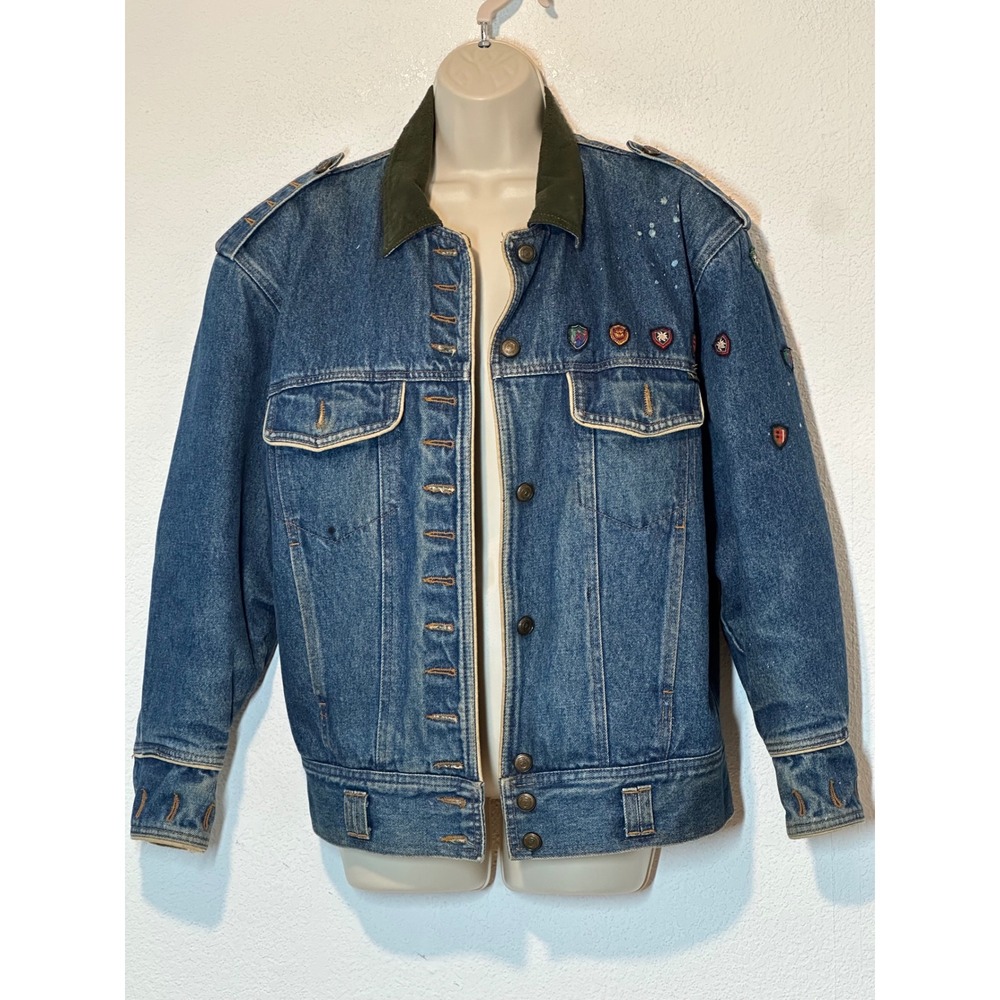 Vintage Laurel Denim Jacket Crest Patches Corduroy Collar Floral Lined Blue 38